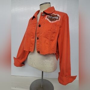 Upcycled Orange Jean Jacket Harley-Davidson  UFO Fringe & Lace